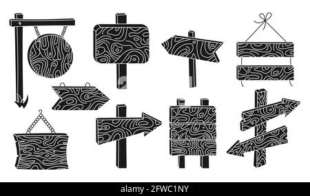 Wooden signs billboard black glyph set. Rural arrow pointer collection. Outline blank various forms planks tablet vintage or old retro banners. Hand drawn signpost rustic signboard vector illustration Stock Vector