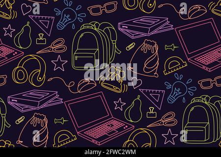 Back to School doodle colored sketch seamless pattern. Learning school line textile. First day of school equipment, Education concept icon. Scissors, laptop, glasses book backpack, paints vector Stock Vector