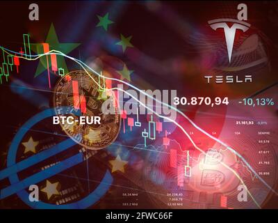 NEW YORK,USA-MAT 21 ,2021: bitcoin lost more than 30% against euro after negative outlook from china government, bce and Elon Musk tesla' cer once a b Stock Photo