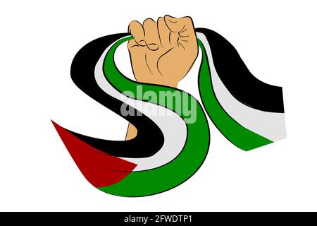 Vector Hand Draw Sketch Hand Holding Palestine Flag, for Demonstration Design Element Isolated on White Stock Vector
