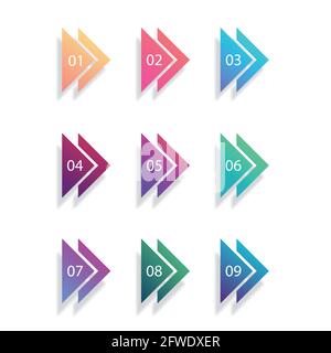 Number Bullet Points Flat Triangles set on white background. Colorful color with number from 01 to 09 for your design. vector illustration Stock Vector
