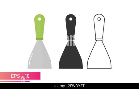 Set, narrow construction spatula. Linear, solid and realistic design. On a white background. Tools for workers. Flat vector illustration. Stock Vector
