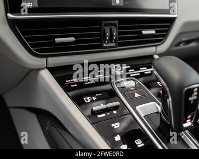 Car interior details. Automatic gear stick of a modern car. Stock Photo