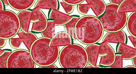 Watermelon seamless pattern, hand-drawn juicy watermelon slices and watermelons on white. National Watermelon Day. Ideal for design of fabrics, packag Stock Vector