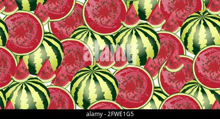 Watermelon seamless pattern, hand-drawn juicy watermelon slices and watermelons on white. National Watermelon Day. Ideal for design of fabrics, packag Stock Vector