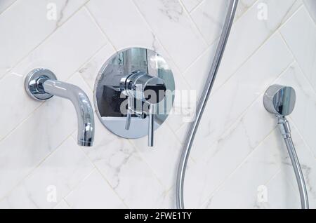 modern shower with water diverter in the bathroom. Stock Photo