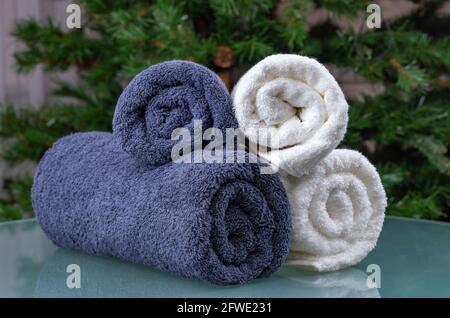 Towels, Close up of rolled white and blue fluffy towels, beauty