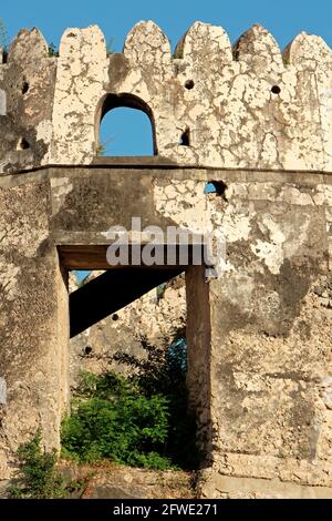 Ruin of a tower building of an old historical fort, Stone Town, Zanzibar, Tanzania Stock Photo