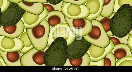 Avocado seamless pattern. Whole fruits, halved avocado fruit with bone isolated on white background. Ideal for design of fabrics, packaging materials, Stock Vector