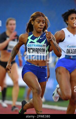 Sha'Carri Richardson (USA) wins the women's 200m in 22.35 during the 60th Ostrava Golden Spike track and field meeting at Mestsky Stadium in Ostrava, Stock Photo
