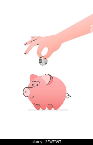 Premium Vector  Hand putting coin to pink piggy bank money savings concept