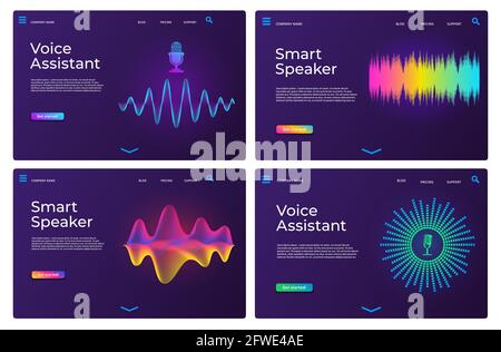 Voice assistant landing pages. Web templates for smart speaker with audio waves and microphone. Online sound recognition app page vector set Stock Vector