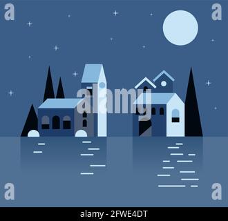 vector illustration, night landscape, small village, farm on the bank of the abstract sea, brightly shine the moon Stock Vector