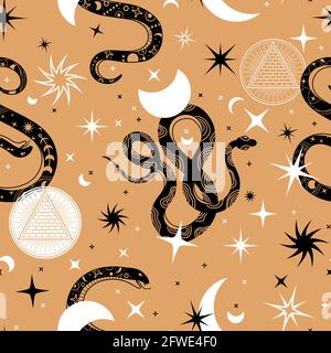 Mystic snakes seamless pattern. Print with snake silhouettes and astrology symbols. Magic ornate with stars, moon and snakes vector design Stock Vector