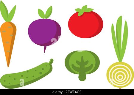 Fresh healthy vegetables in flat style organic icons set. Stock Vector
