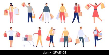 Shopping people. Male and female consumers with shop bags, gift boxes and carts. Happy customer characters with purchase, cartoon vector set Stock Vector