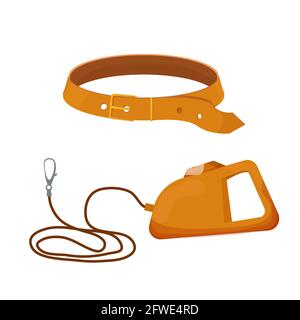 Leash for dog in cartoon style isolated on white background. Vector icon of roulette lead for control and safety pets. Animal accessory for outdoors w Stock Vector