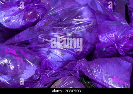 full frame background of purple plastic trash bags with generic domestic  waste Stock Photo - Alamy