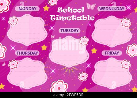 Weekly school timetable template with cute design elements. Weekday planner for kids. vector illustration Stock Vector