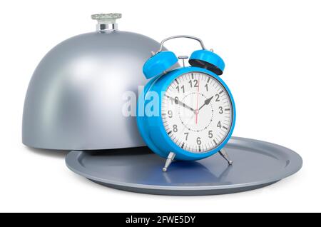 Restaurant cloche with alarm clock. Intermittent fasting, lunchtime, diet and weight loss concept, 3D rendering isolated on white background Stock Photo