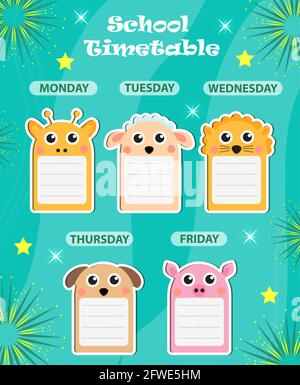 Weekly school timetable template with cute design elements. Weekday planner for kids. vector illustration Stock Vector