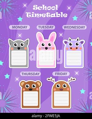 Weekly school timetable template with cute design elements. Weekday planner for kids. vector illustration Stock Vector