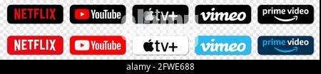 Vinnytsia, Ukraine - May 21, 2021 Netflix, Youtube, Apple TV, Vimeo and Prime Video. Editorial online video icons isolated on transparent background Stock Vector