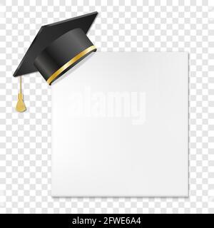 Graduation cap or mortar board on paper corner. Vector illustration isolated on transparent background Stock Vector