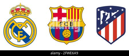 Vinnytsia, Ukraine - May 19, 2021 Most Popular Spanish Football Clubs. Real Madrid, FC Barcelona and Atletico Madrid. Vector logo isolated on white ba Stock Vector