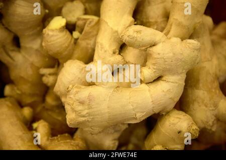 Fresh ginger on sale at a fresh produce market in Hong Kong, Stock Photo