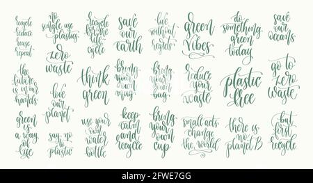set of 25 go green quotes calligraphy designs Stock Vector