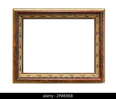 polished and gilded wooden picture frame with blank canvas cutout on white background Stock Photo