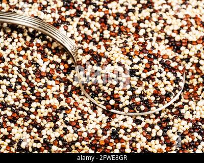 old tablespoon in mix of quinoa seeds close up Stock Photo