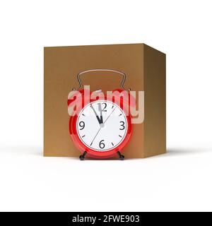 Alarm clock and a cardboard box on white background. 3D rendering Stock Photo