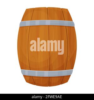 Wooden barrel detailed, textured in cartoon style isolated on white background. Ui game assets. Wood container, keg. Decoration, rural, rustic object. Stock Vector
