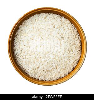 top view of raw long-grain polished rice in round bowl cutout on white background