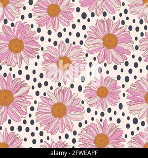 Seamless pattern of white-pink daisies with yellow center and dark grey-violet polka dot on white linen color background. Decorative print for wallpapers, wrappings, textiles, fashion fabrics. Stock Vector