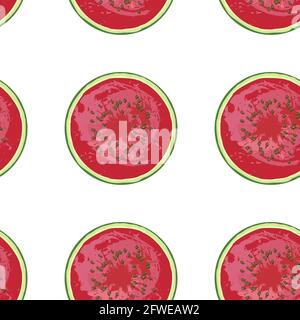 Watermelon seamless pattern, hand-drawn juicy watermelon slices on white background. National Watermelon Day. Ideal for design of fabrics, packaging m Stock Vector
