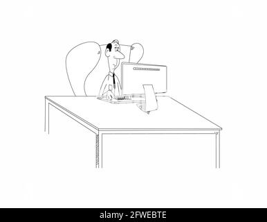 Funny cartoon bald man or nerd guy sit in chair at desk working on computer. Funny male clerk or professor with tie look at monitor.Raster Stock Photo