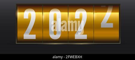 New 2022 year is coming. Yellow shining scoreboard with numbers 2022. Realistic mechanical counter. Vector 3d illustration. Stock Vector