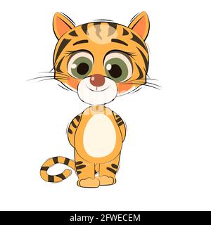 Little tiger cub. Isolated object on white background. Cheerful kind animal child. Cartoons flat style. Funny. Vector Stock Vector