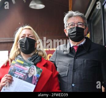 Jean-Luc Melenchon campaigns for Danielle Simonnet at the 20th arrondissement, for the partial legislative election in Paris, France, on May 21, 2021. Photo by Karim Ait Adjedjou/Avenir Pictures/ABACAPRESS.COM Stock Photo