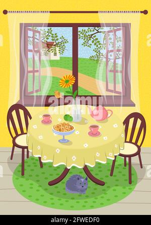 Summer hand drawn vector poster calm comfortable rest village home. Cozy summertime tea in interior country house. Teapot, cups and flower in vase on table. Foliage, lawn grass and path outside window Stock Vector
