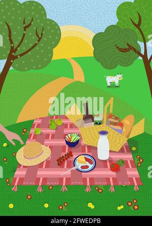 Summer picnic in setting sun nature. Lawn, hills and trees, cow grazes meadow. Blanket with food and drink basket. Cute handwritten summertime weekend rest vector illustration eps poster Stock Vector