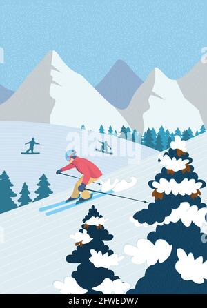 Winter hand-drawn poster active recreation in alpine mountains. Skier downhill skiing down snowy slope. Athletes snowboarders ride snowboard. Outdoor sports in ski resort vector illustration banner Stock Vector