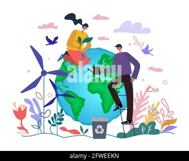 People save Earth ecology concept. Woman and man planting and watering planet. Eco-friendly green energy environment protection day. Global warming and climate change warning prevention illustration Stock Vector