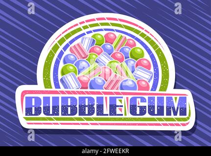 Vector logo for Bubble Gum, decorative cut paper signboard with illustration of different colorful bubblegums and candy, white badge with unique brush Stock Vector