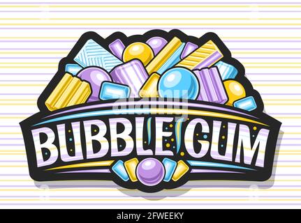 Vector logo for Bubble Gum, dark decorative signboard with illustration of variety colorful bubblegums and blue candies, badge with unique brush lette Stock Vector