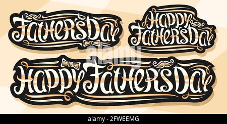 Vector set for Father's Day, black logos with curly calligraphic font, decorative curls and swirl, cartoon bow tie and moustache, unique brush letteri Stock Vector