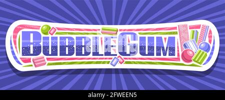 Vector banner for Bubble Gum, white horizontal sign board with illustration of flat lay colorful bubblegums and candies, add voucher with unique brush Stock Vector